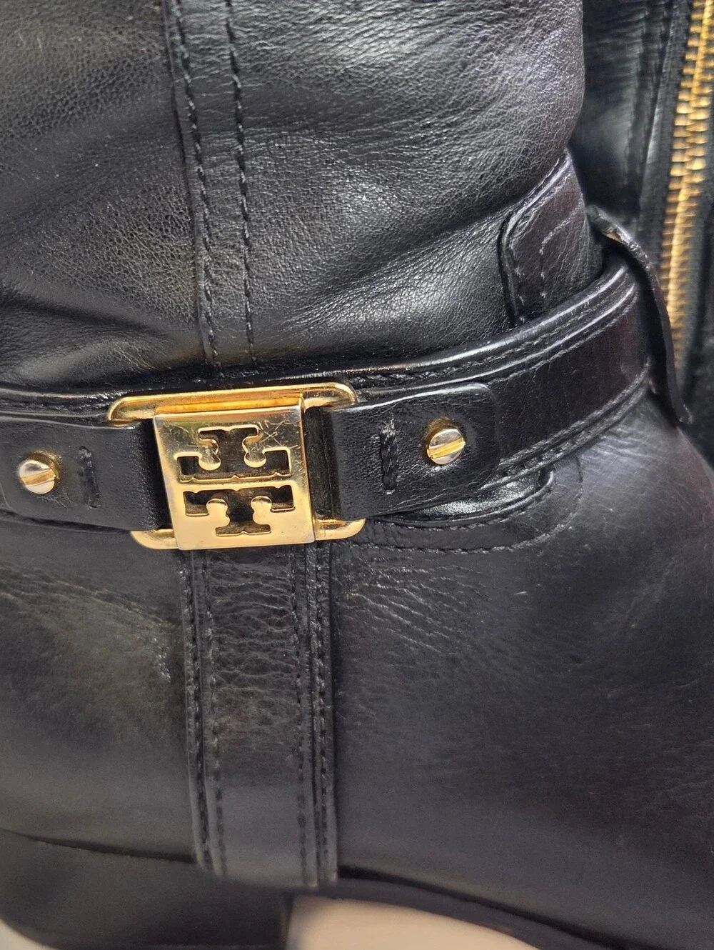 Tory Burch Alessandra Black Leather Tall Riding Boot Gold Hardware Sz 8M Classic